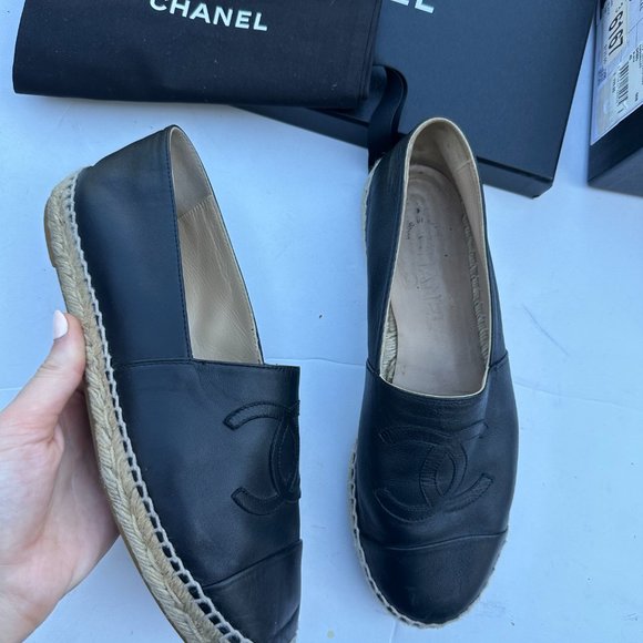 Chanel CC Espadrilles Flat Loafers Sz 40 Lambskin Leather Black - Picture 5 of 16